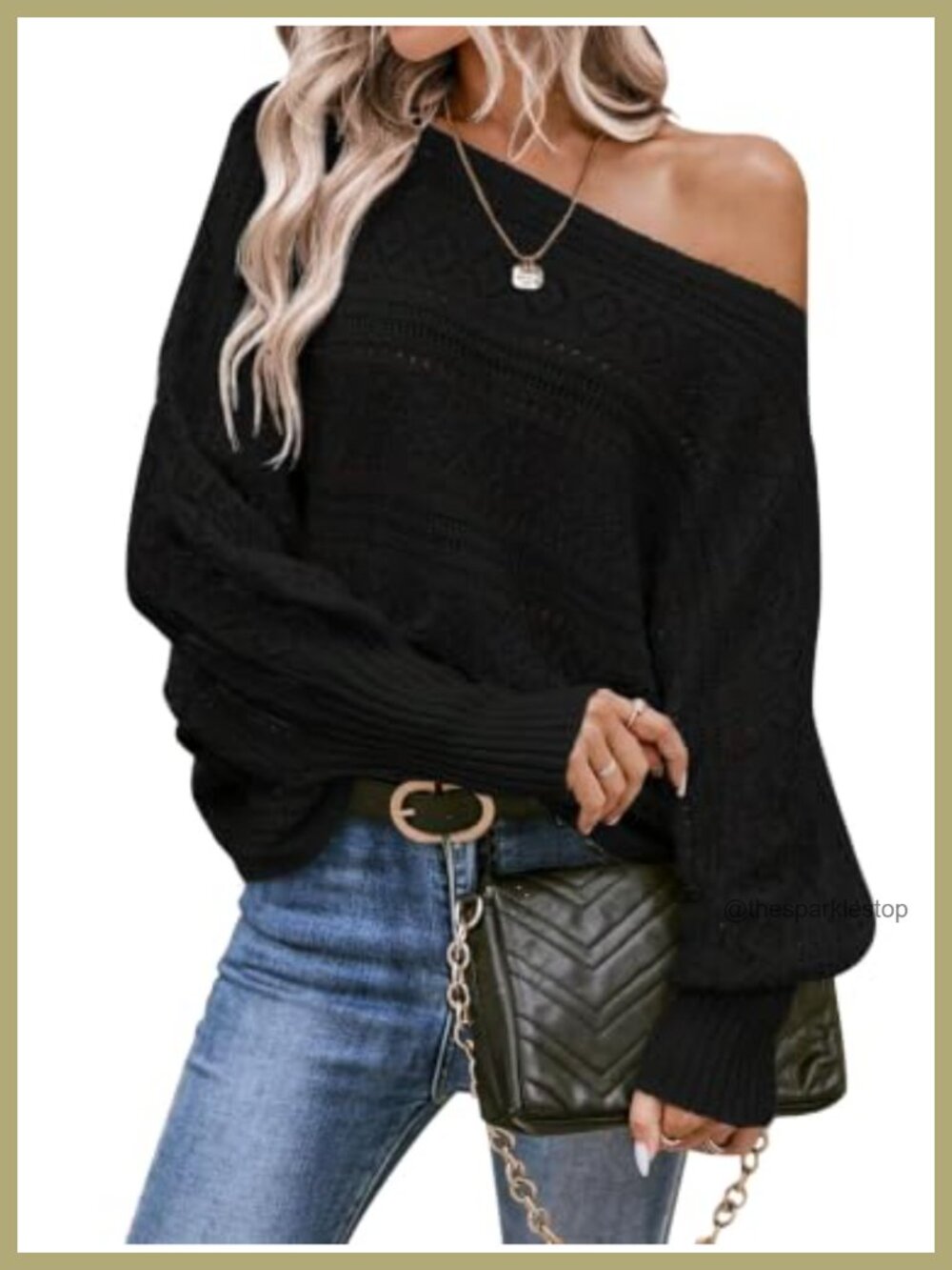 Off Shoulder Oversized Knit Sweater Crochet Batwing Sleeve Pullover
